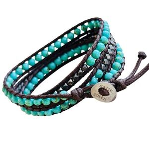 Katie Soleil WRAP BRACELET BOHO blue Turquoise Pyrite Beads Beaded BOHO 21"